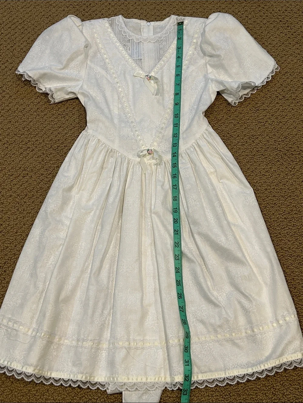 Vintage Gunne Sax Girls White Prairie Dress size 7 Floral Lace Ribbon Bow